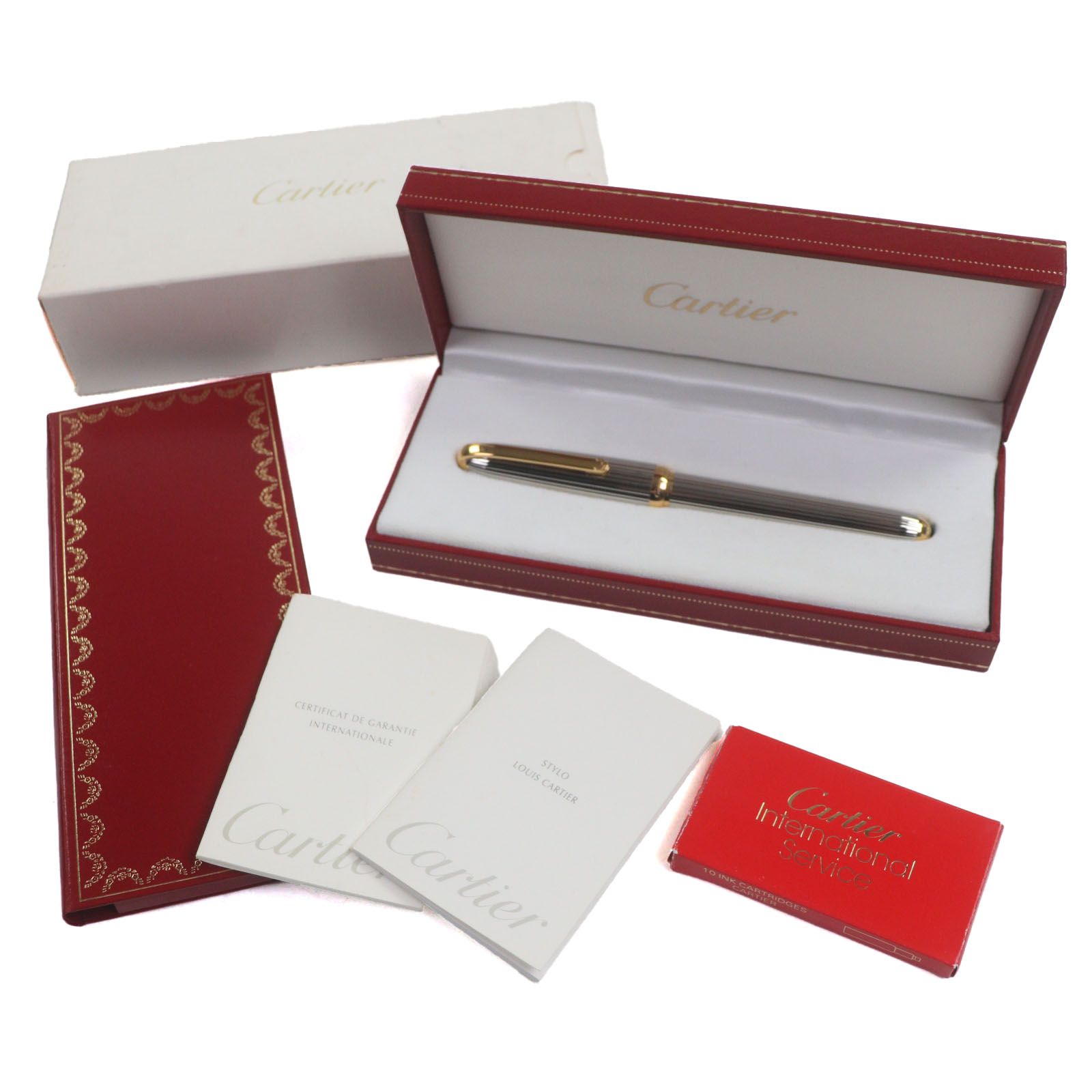 Cartier カルティエ ルイ ペン先18 K Mニブ ストライプ柄 万年筆 シルバー ゴールド 箱 ケース付き フランス製 メンズ