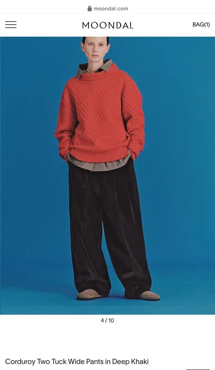 MOONDAL ツータック ワイド コーデュロイ パンツ M ディープカーキ