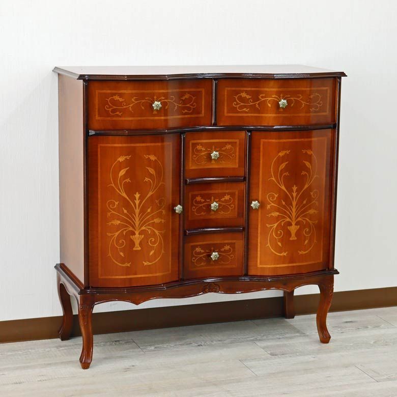 スペイン製　象嵌　サイドボード　チェスト　アンティーク イタリア ローキャビネット 象嵌 サイドボード 猫脚 4316/DOGI