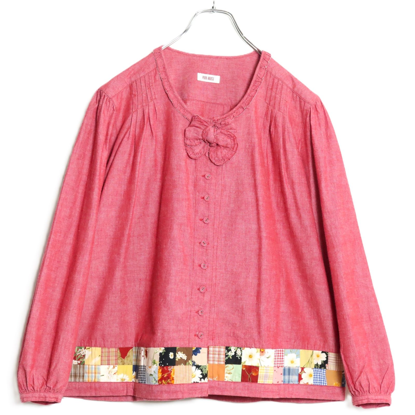 ピンクハウス★裾パッチワーク♪デニムブラウス 赤系 前開きリボン付き♪無地 z16490