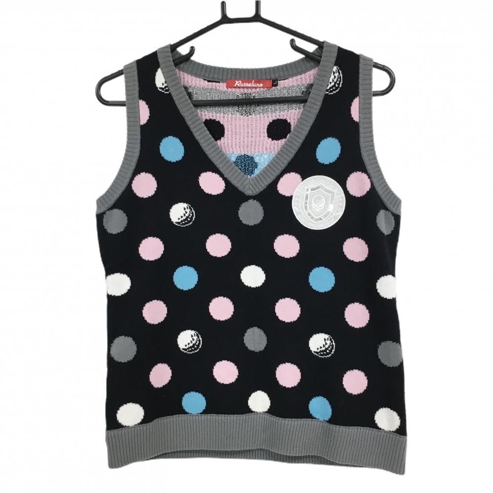 新品 ラッセルノ ゴルフ ゲーム ニット ベスト 幾何学柄 ブラック L 5 美品】ラッセルノ ニットベスト 黒×グレー×ピンク ドット レディース L