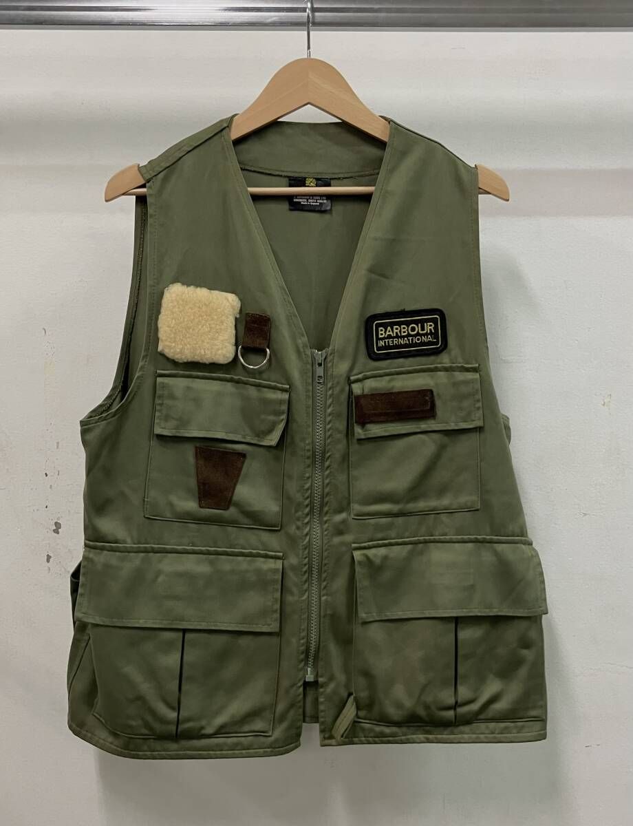 BARBOUR バブアー 1ワラント フィッシングベスト 70 S 80 ベスト ロゴ サイズM カーキ イングランド製 コットン50 モーダル50