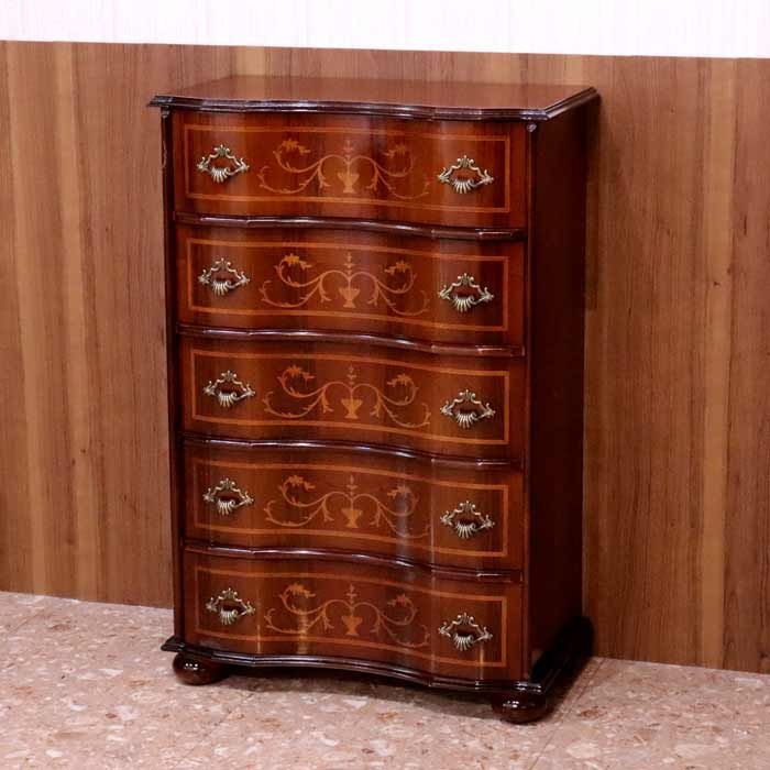 チェスト 木製 5段 完成品 茶 58cm 象嵌 ロココ調 イタリア 家具 猫脚