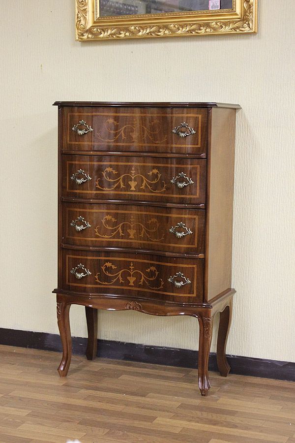 イタリア 4段 チェスト 茶 58m 象嵌 ロココ調 イタリア 家具 猫脚 丸脚