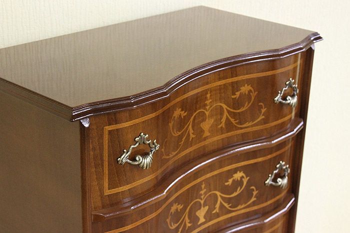 イタリア 4段 チェスト 茶 58m 象嵌 ロココ調 イタリア 家具 猫脚 丸脚