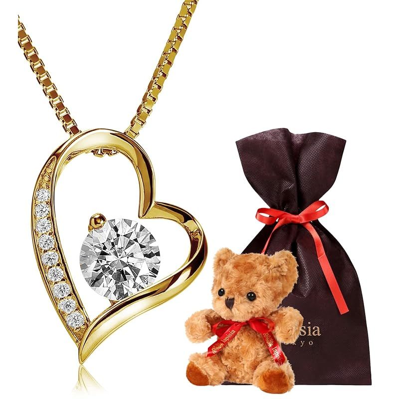 彡lapisia 刻印可 アレルギー対応 スワロフスキージルコニア採用 オープンハート ペンダント ネックレス レディース プレゼント ギフト セット 刻印無し ゴールド テディベアセット