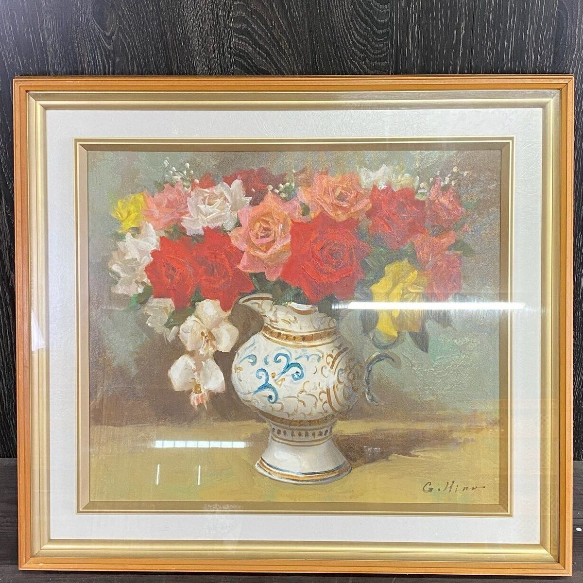 真作】絵画 油彩SM 二輪のバラ レリーフ付き装飾フレーム 小品 X70 真