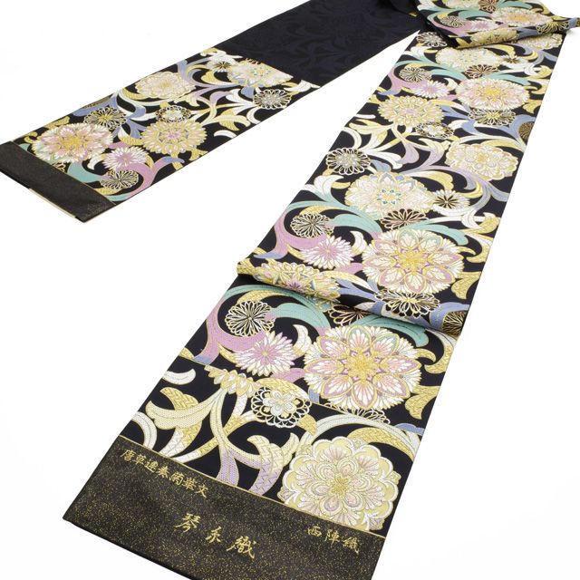 袋帯 フォーマル 正絹 京都 西陣 まいづる 琴糸織 唐草連奏菊華文 黒地 ブラック系 華文 菊 パステル 金銀糸 琴糸 最 春 秋 冬 未仕立て みやがわ sbs 54788