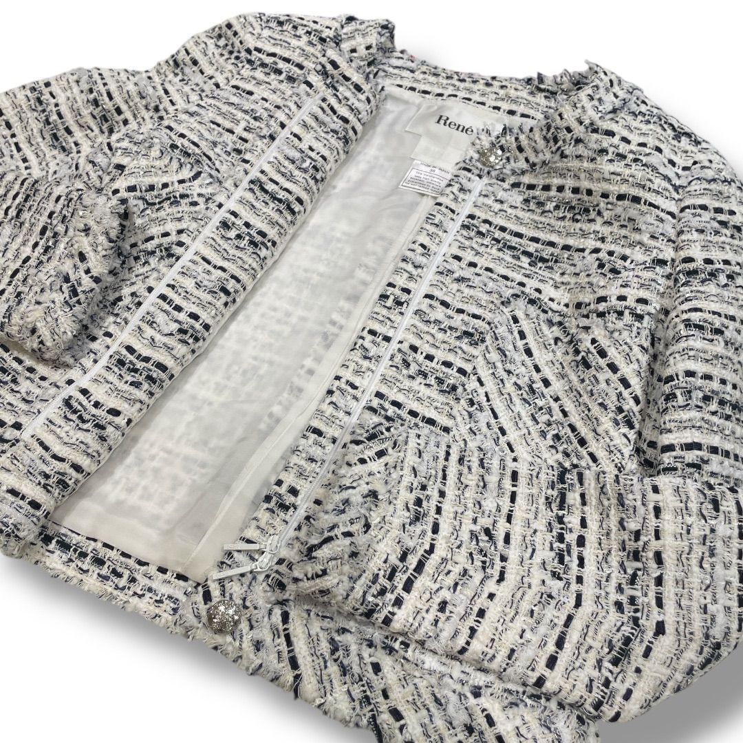 上品 Rene✕TISSUE　ルネ ノーカラーツイードジャケット　36 白黒 Rene ルネ ノーカラーツイードジャケット ノーカラージャケット