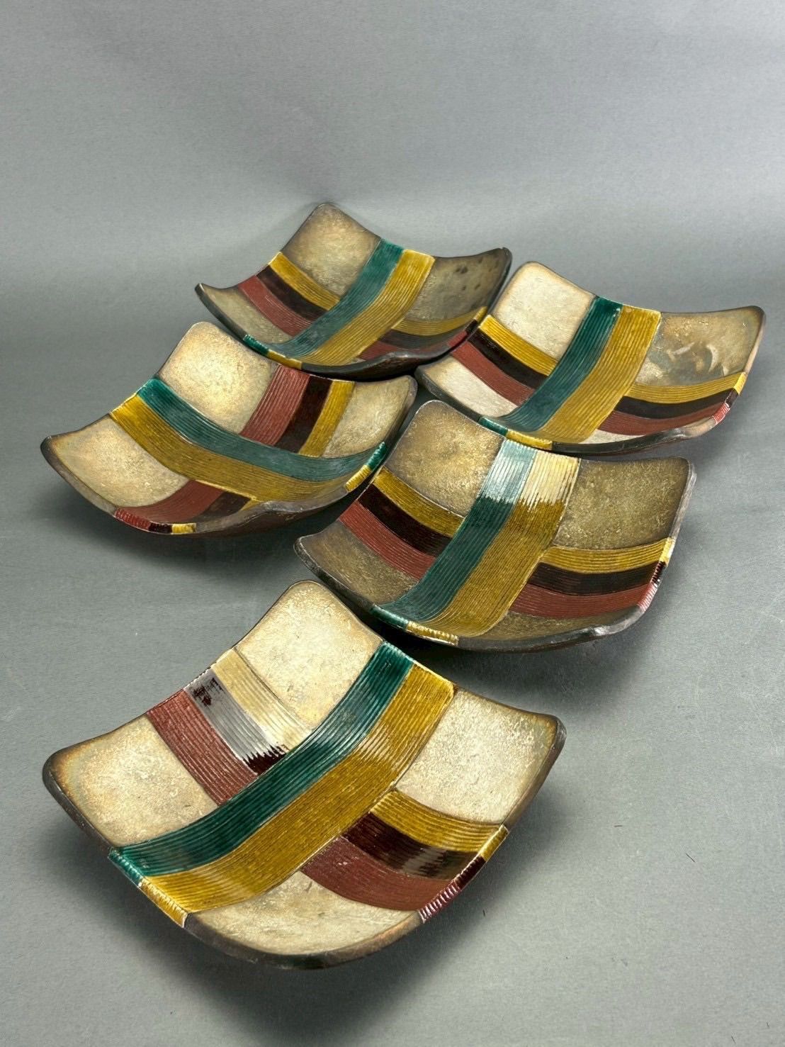 幽玄】魯山人写 美食道楽 和食器揃 祥山 色絵銀彩糸巻文四方皿 4枚