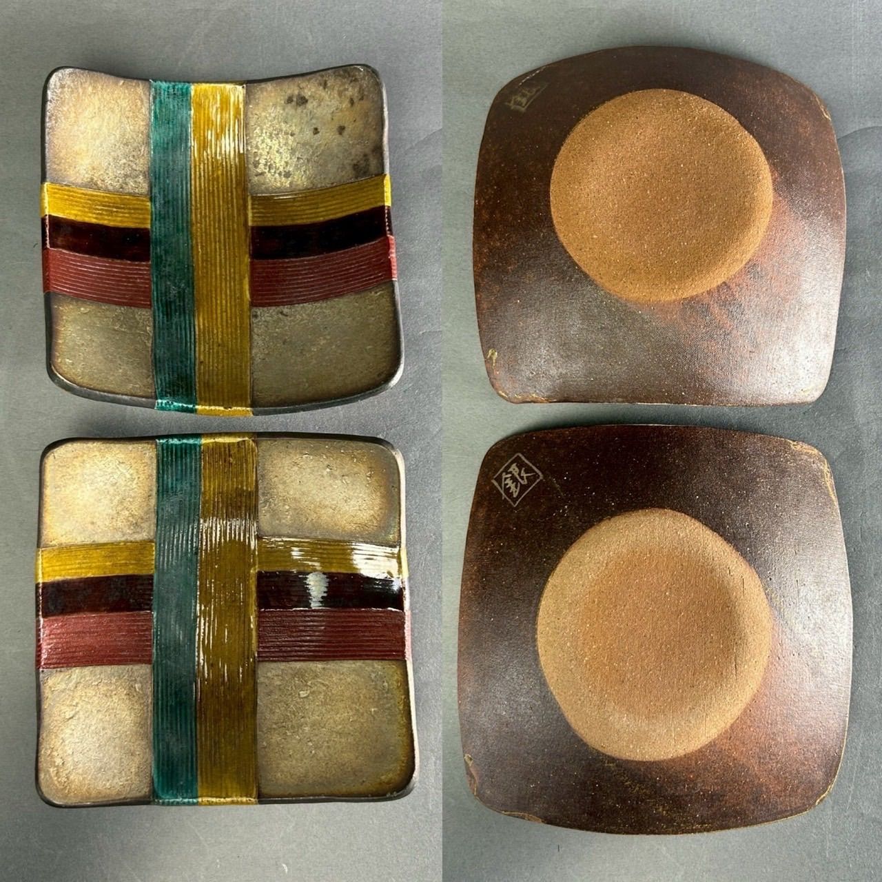 幽玄】魯山人写 美食道楽 和食器揃 祥山 色絵銀彩糸巻文四方皿 4枚