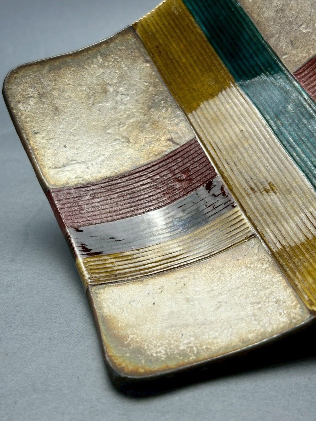 幽玄】魯山人写 美食道楽 和食器揃 祥山 色絵銀彩糸巻文四方皿 4枚