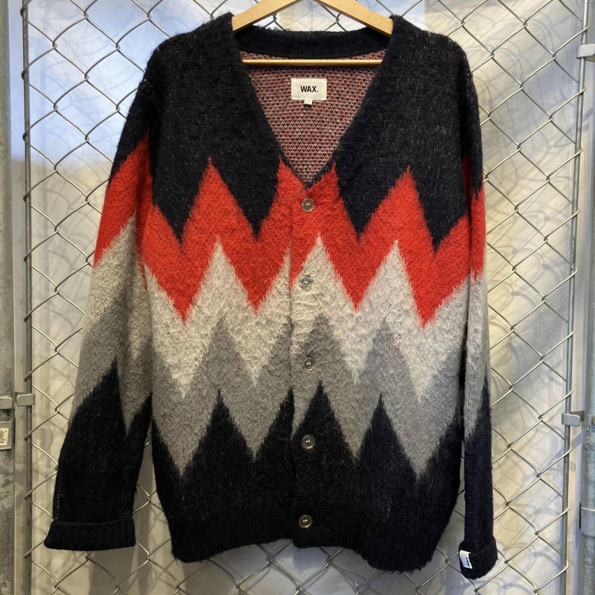 WAX ジャガード柄 ウール・アルパカ混 カーディガン M ネイビー×レッド ワックス