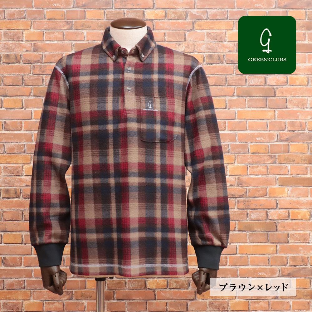 【新品・5(LL)】GREENCLUBS・フリース チェック 長袖ポロシャツ 秋冬/GREENCLUBS/5(LL)サイズ/長袖ポロシャツ フリース ふわふわ 起毛