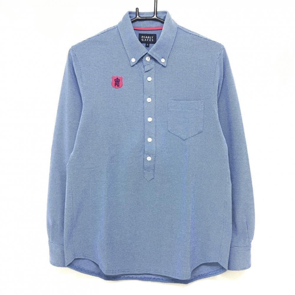 超 パーリーゲイツ 長袖ポロシャツ ブルー×白 織生地 ボタンダウン 胸ポケット メンズ 5 L ゴルフウェア PEARLY GATES