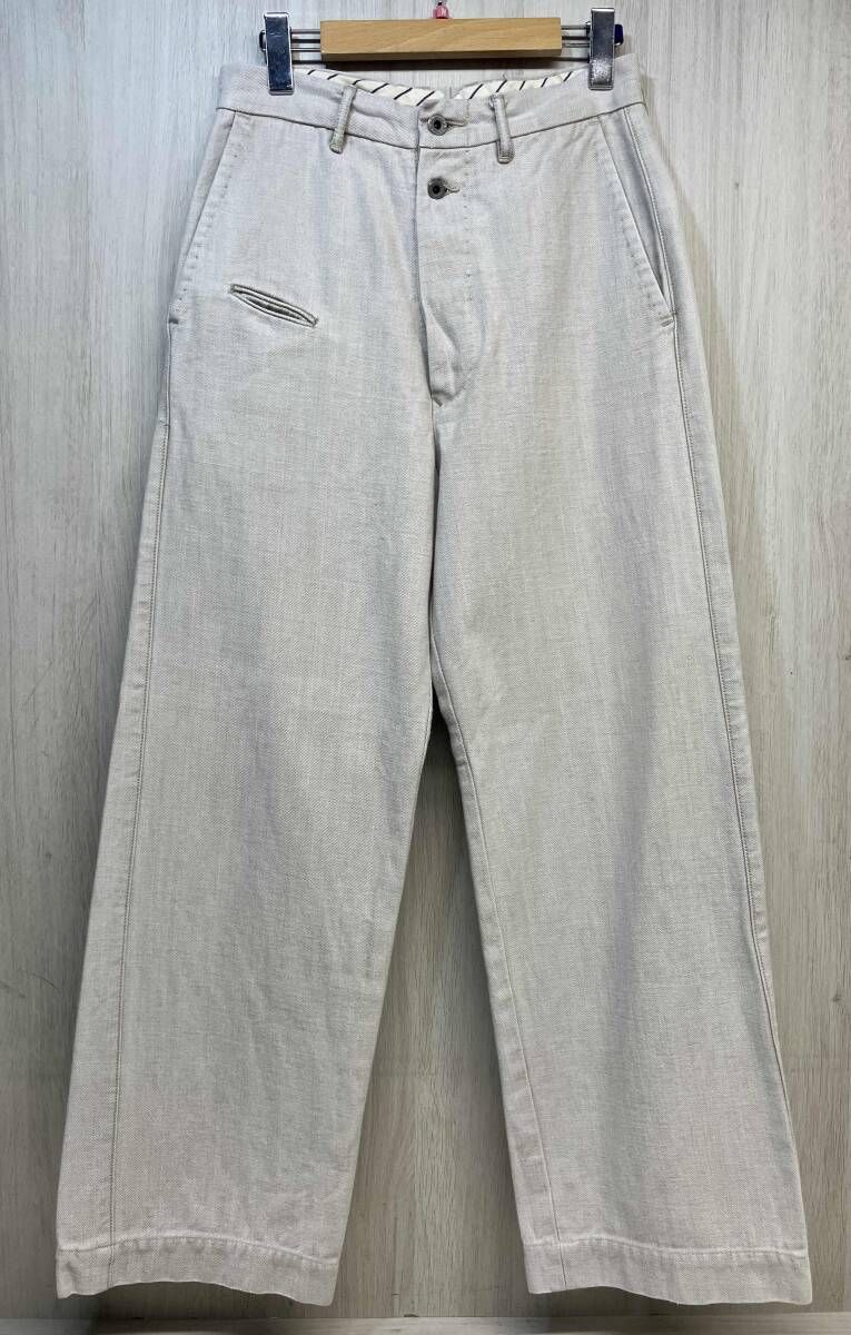 KAPITAL キャピタル 90 s 00 ヴィンテージ 三角 レザー パッチ パンツ ジーンズ デニム ワイド ストレート グレー オートミール ボタン M