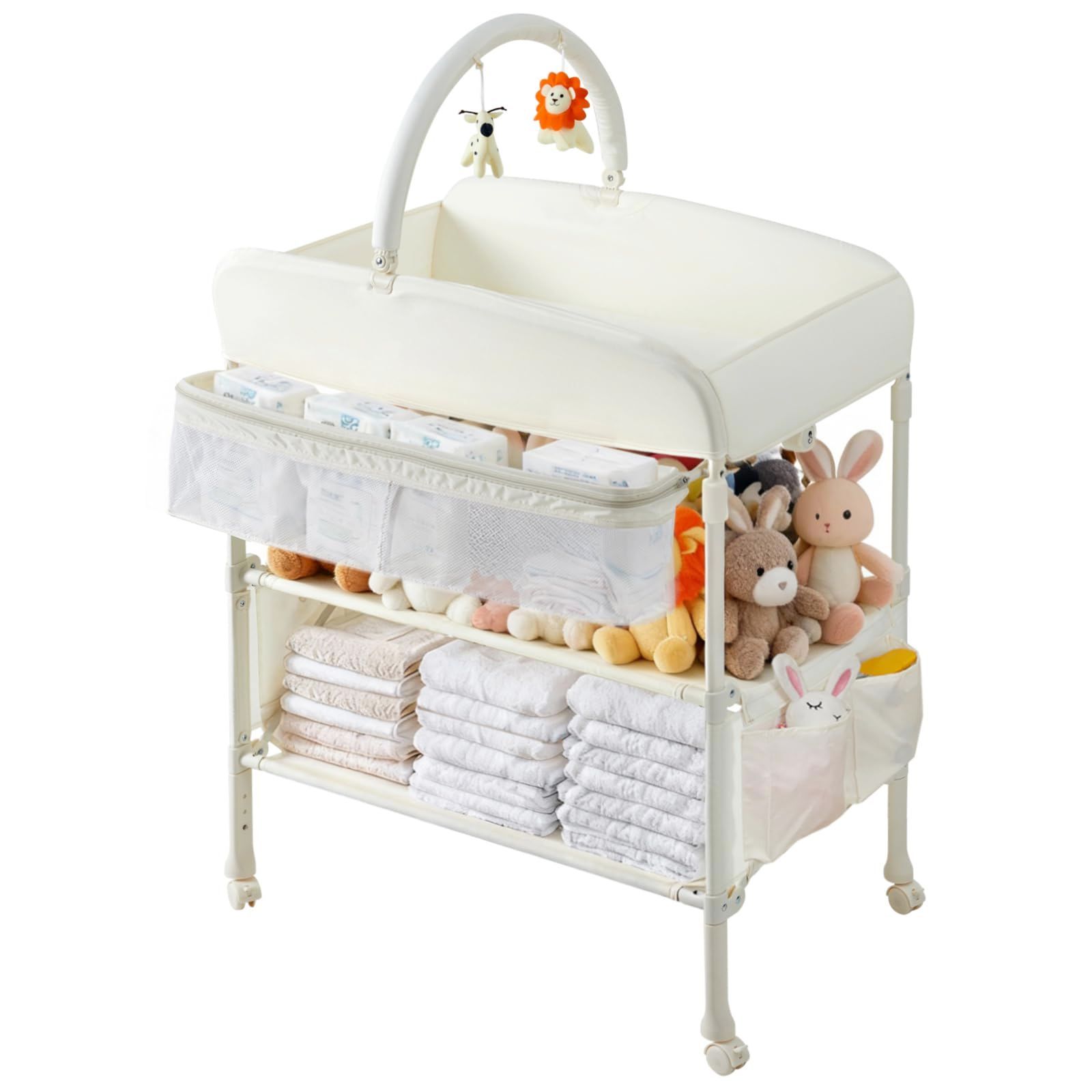 Thinkmax おむつ交換台 ベビーケアテーブル - 折りたたみ式で3段階の高さ調節が 静音キャスター付き 大容量で収納 持ち運びも簡単 お手入れも簡単 新生児でも簡単に組み立てられ 贈り物にも最適です ベージュ