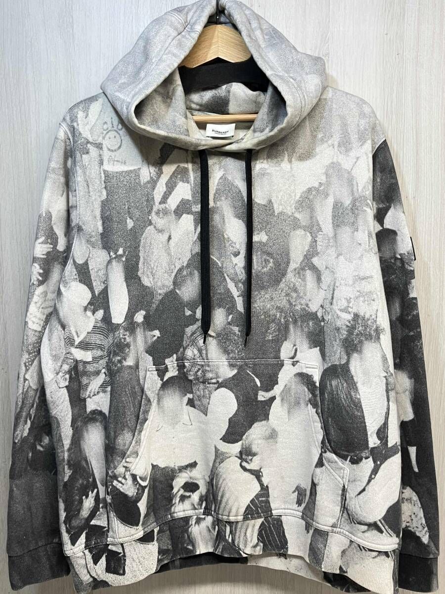 BURBERRY LONDON ENGLAND モンタージュ 20AW プルパーカー バーバリー ロンドン イングランド グレー 総柄 メンズ M スウェット フーディー
