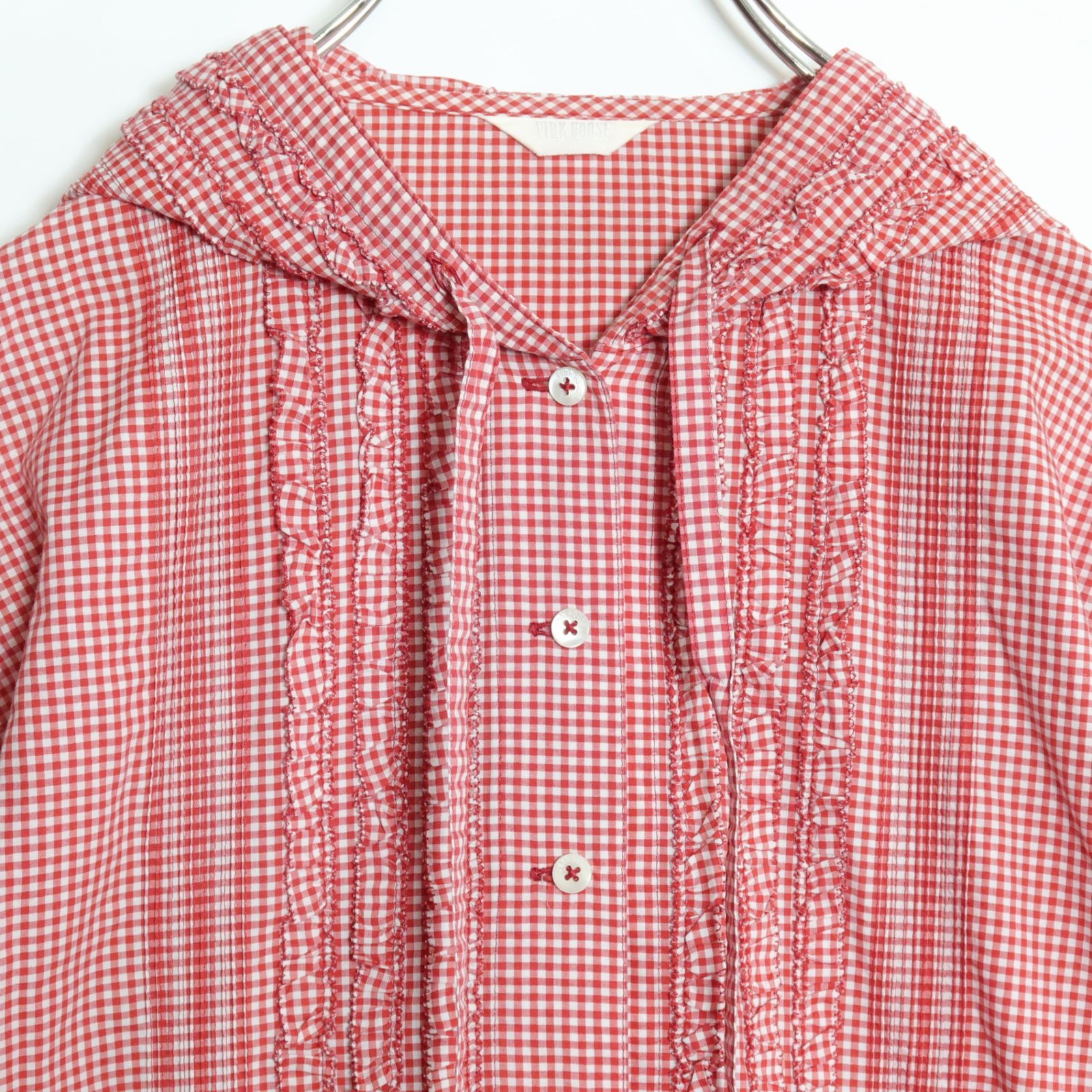 ピンクハウス☆フード付きブラウス 赤系 ギンガムチェック柄 薄手