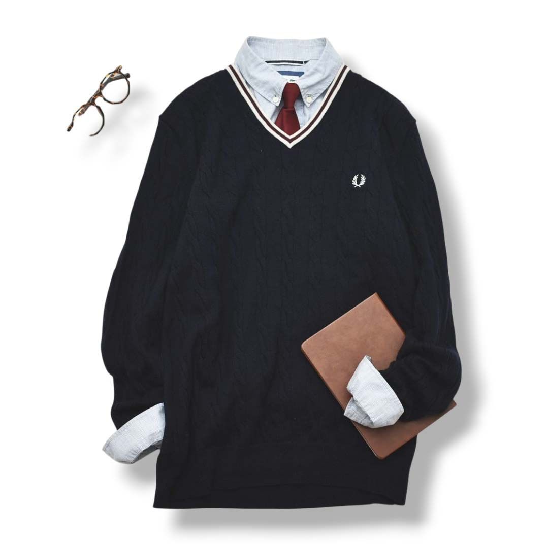 フレッドペリー　チルデン　ニット　セーター　厚手　ロゴ刺繍　ケーブル　黒　M 上質】 フレッドペリー FRED PERRY ケーブル編み メリノウール