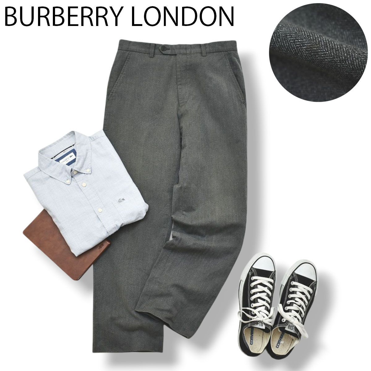 上質 バーバリーロンドン LONDON ボトムス イタリア製 コットン スラックス トラウザー 76 ヘリンボーン柄 グレー レディース ブリティッシュ トラッド