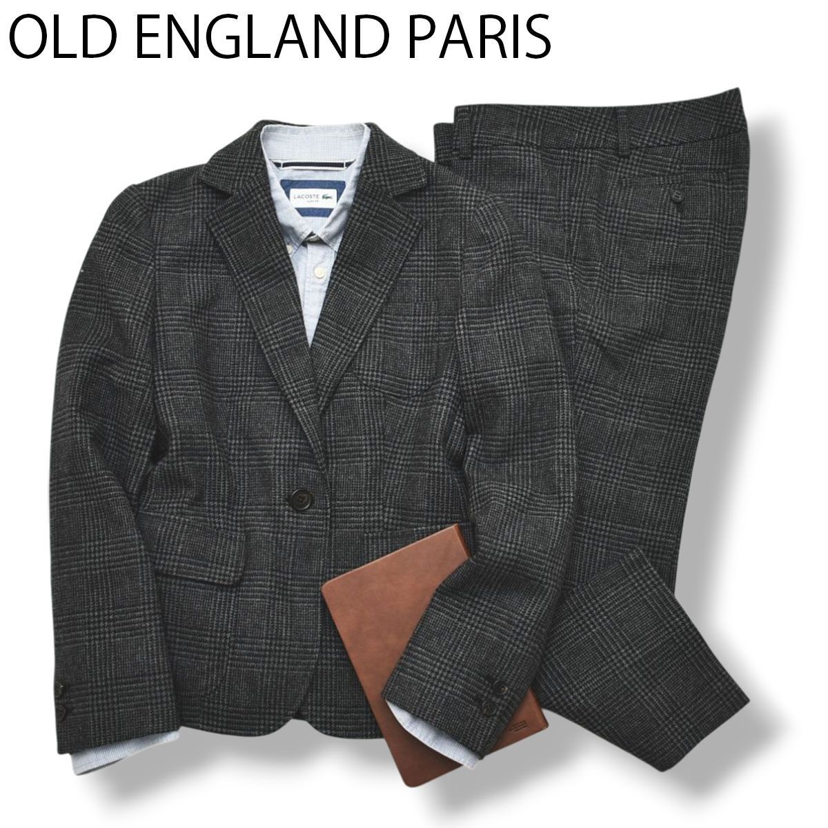 イングランド OLD ENGLAND PARIS パンツ スーツ 上下 セットアップ シングル テーラードジャケット ブレザー スラックス トラウザー 36 グレンチェック柄 グレー レディース