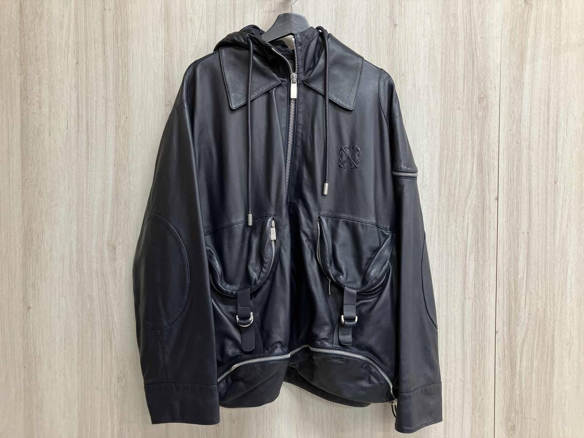 OFF WHITE オフホワイト Leather Jacket レザージャケット フード付き Mサイズ ブラック