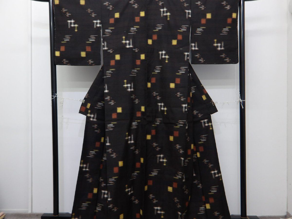 P 41044 本場 久米島紬 袷 証紙付き bｃ