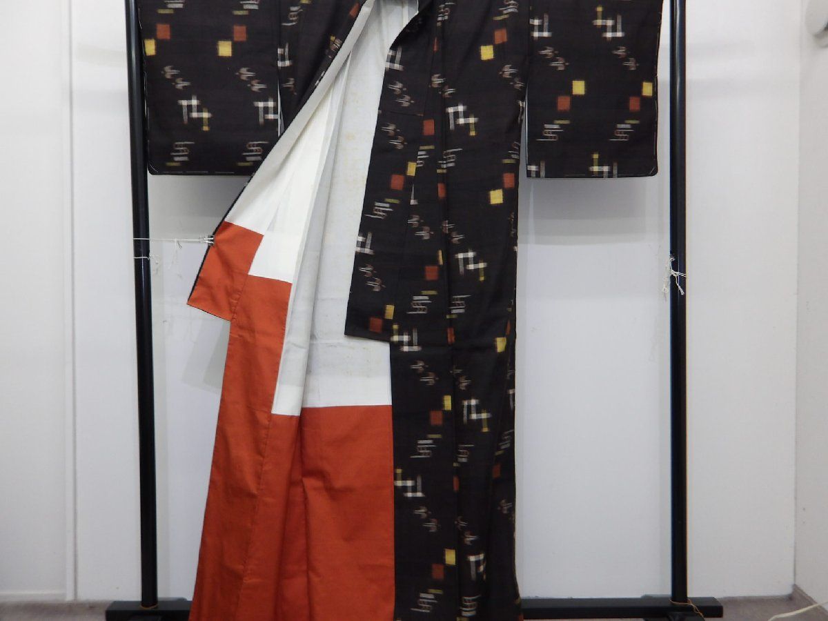 P 41044 本場 久米島紬 袷 証紙付き bｃ