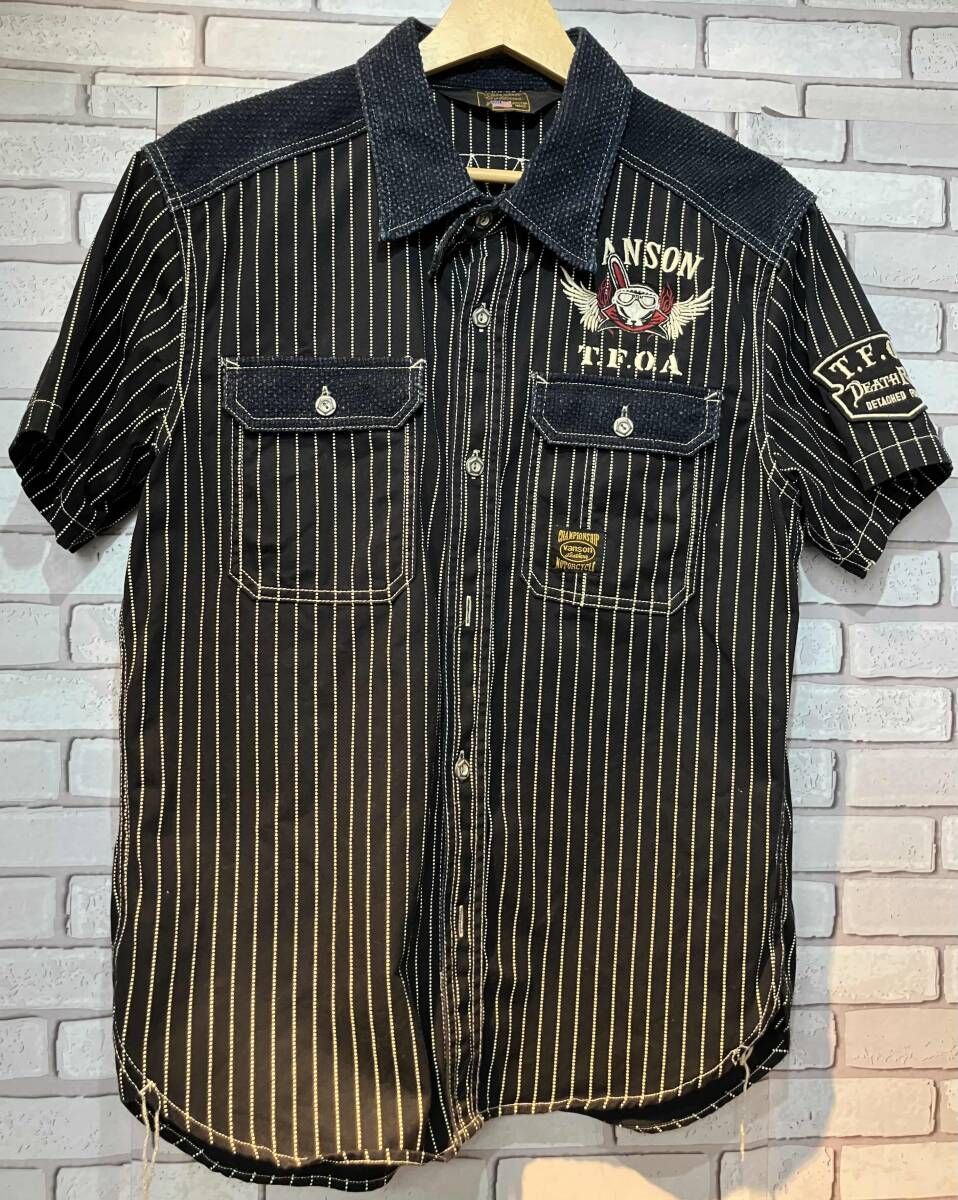 VANSON バンソン 半袖シャツ T F O A デスラビット 武装戦線 Mサイズ 紺色 アメリカンカジュアル