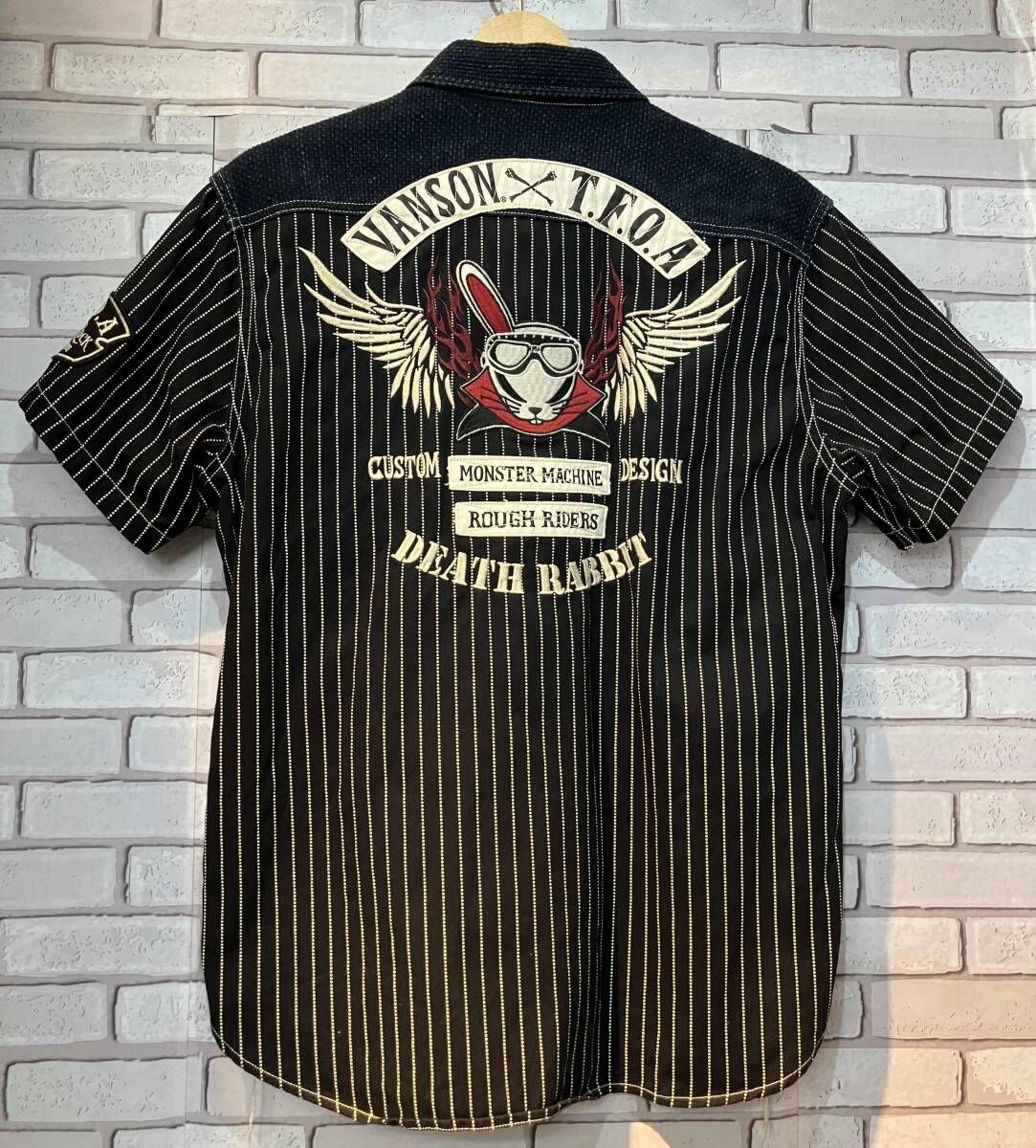 VANSON バンソン 半袖シャツ T.F.O.A デスラビット 武装戦線 Mサイズ 紺色 アメリカンカジュアル