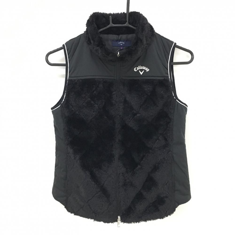 超 キャロウェイ 中綿切替ベスト 黒 肩 サイド中綿 身頃 ネックファー レディース S ゴルフウェア Callaway