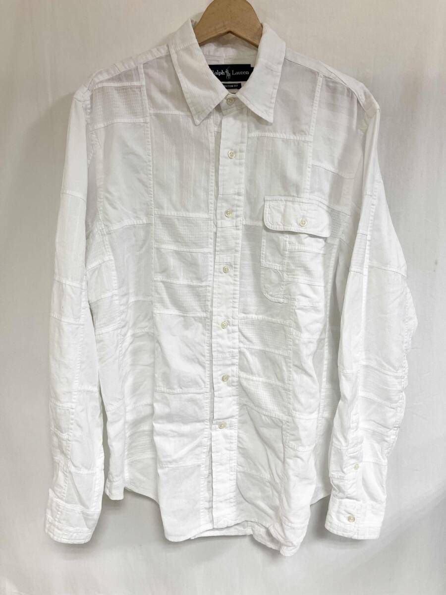 RALPH LAUREN 長袖シャツ サイズL CUSTOM FIT 織柄パッチワーク WHT ラルフローレン カスタムフィット