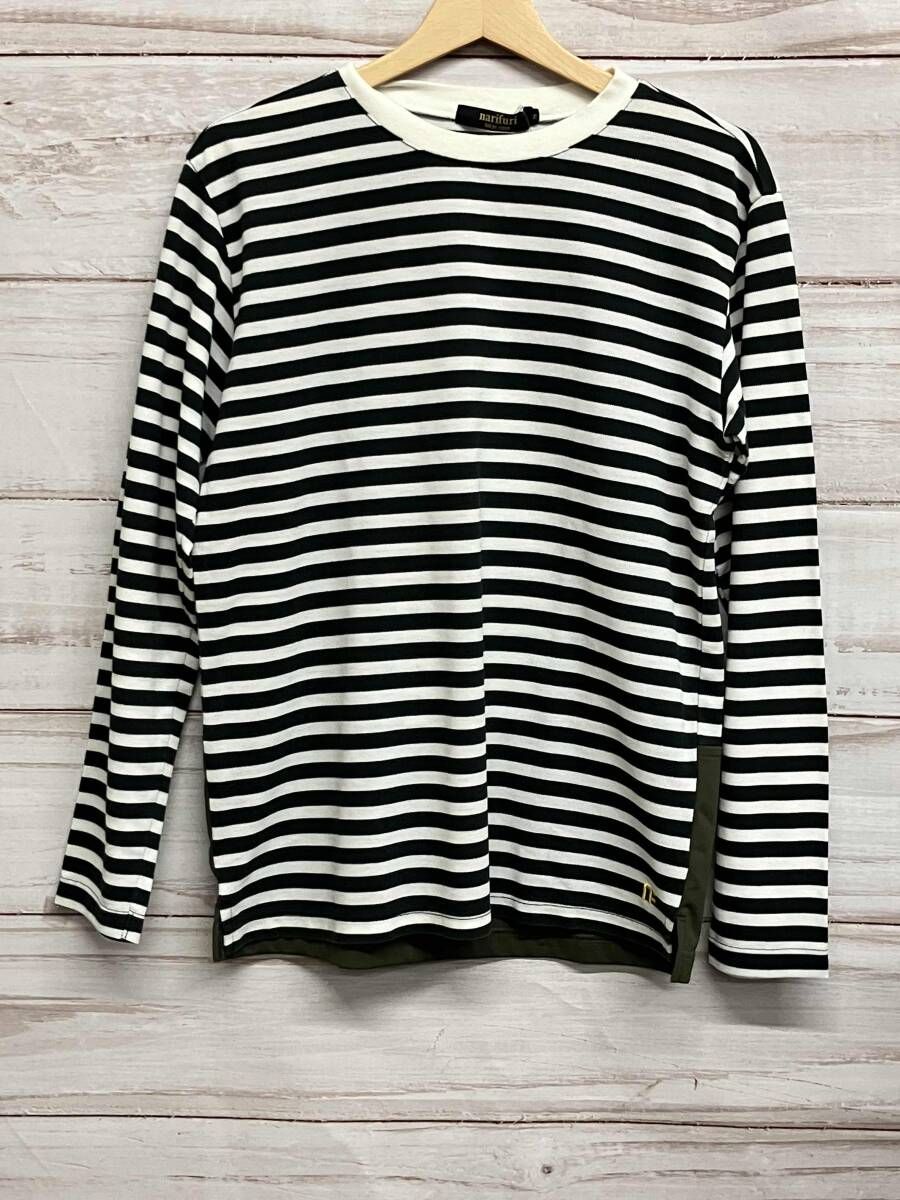 NARIFURI ナリフリ 長袖シャツ メンズサイズS ホワイト＆グリーンボーダー柄