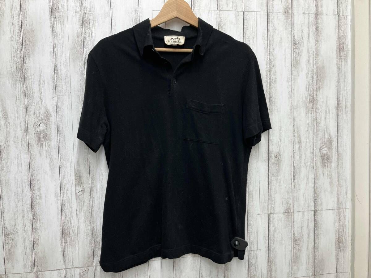HERMES 洋服 ポケット ワンポイント 刺繍 ブラック S エルメス ポロシャツ 鹿子
