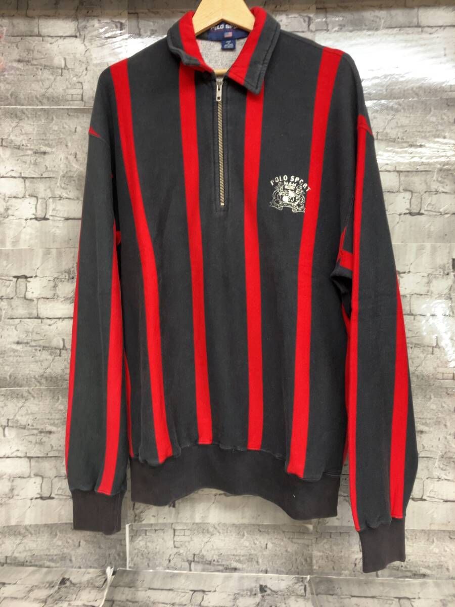 POLO SPORTS ストライプ ハーフジッププルオーバー スウェット レッド ブラック サイズL