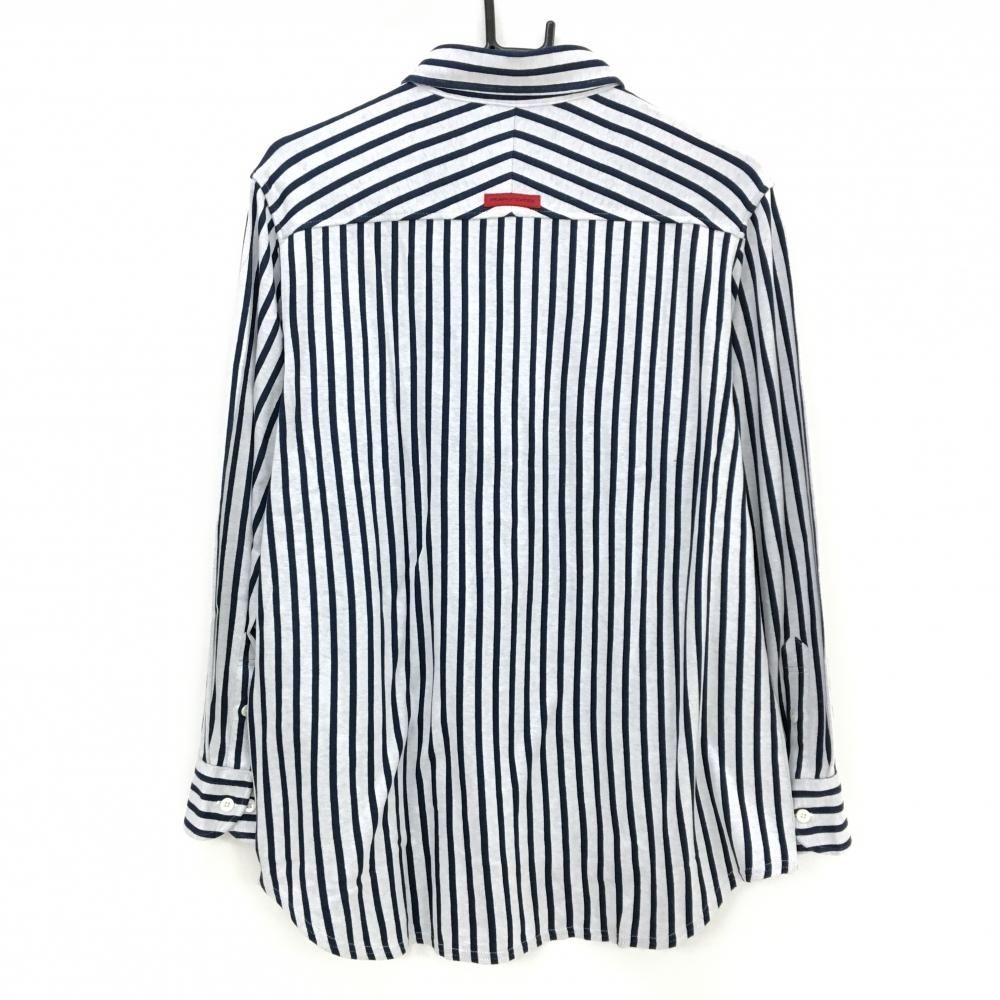 パーリーゲイツ 長袖ポロシャツ 白×ネイビー ストライプ ボタンダウン