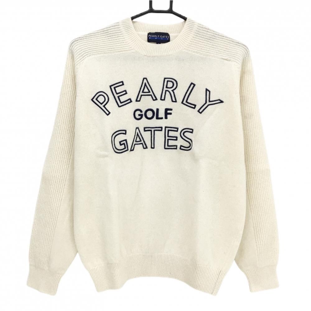 【新品】 パーリーゲイツ 長袖セーター レディース1 秋冬ゴルフウェア 美品】パーリーゲイツ セーター アイボリー×ネイビー フロントロゴ