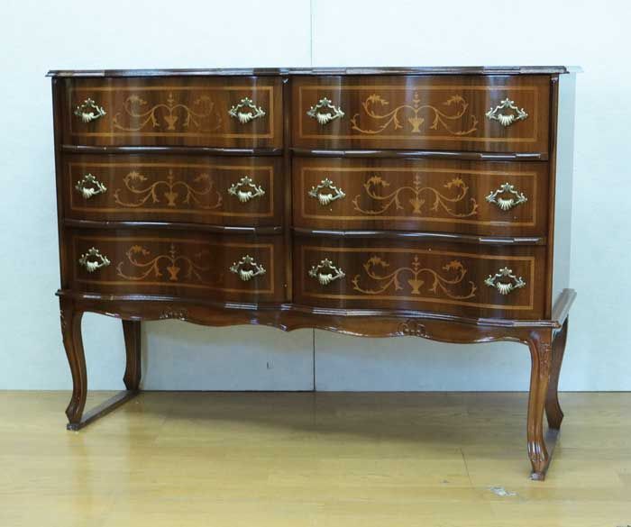 チェスト 木製 6段 完成品 茶 112cm 象嵌 ロココ調 イタリア 家具 猫脚
