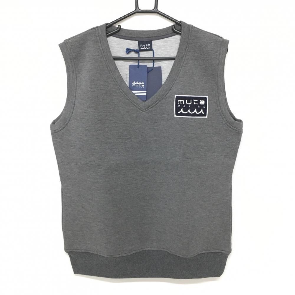 ムータマリン ベスト 杢グレー ネイビー Vネック ワッペン ダンボールニット調 メンズ XL ゴルフウェア モデル muta