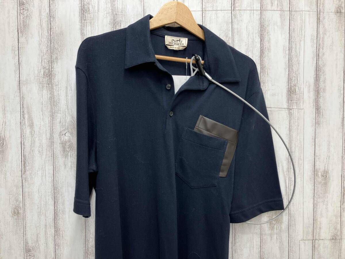 HERMES ポロシャツ ネイビー エルメス カシミヤ 羊革 Sサイズ