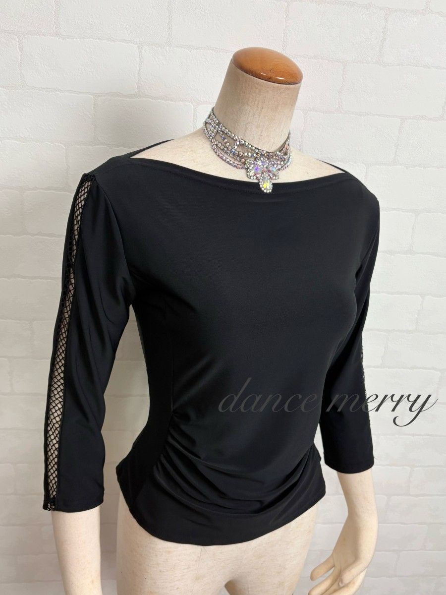 Lサイズ【MERRY】 社交ダンス トップス 黒 ラテン レッスン 8264