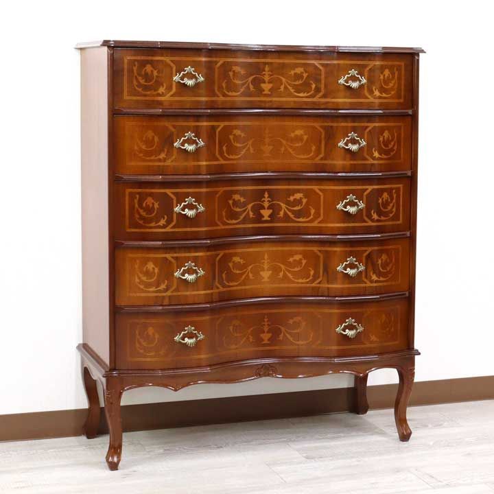 イタリア 5段 チェスト 茶 87 cm 象嵌 ロココ調 家具 猫脚 完成品 054 5 ハイチェスト