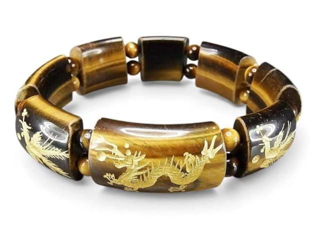 一点物天然石タイガーアイ龍鳳凰手彫り金箔バングルブレスレット超大サイズ