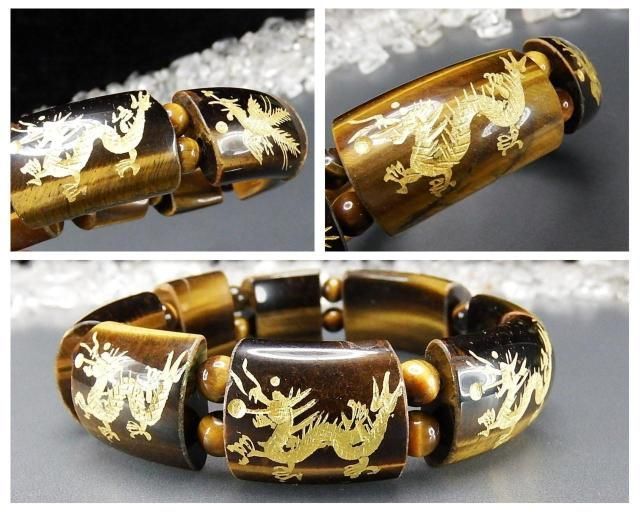 一点物天然石タイガーアイ龍鳳凰手彫り金箔バングルブレスレット超大 