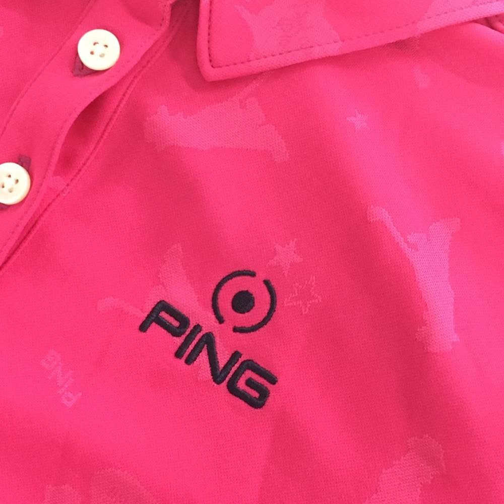 超美品】ピン 長袖ポロシャツ ピンク 総柄地模様 胸ロゴ レディース S