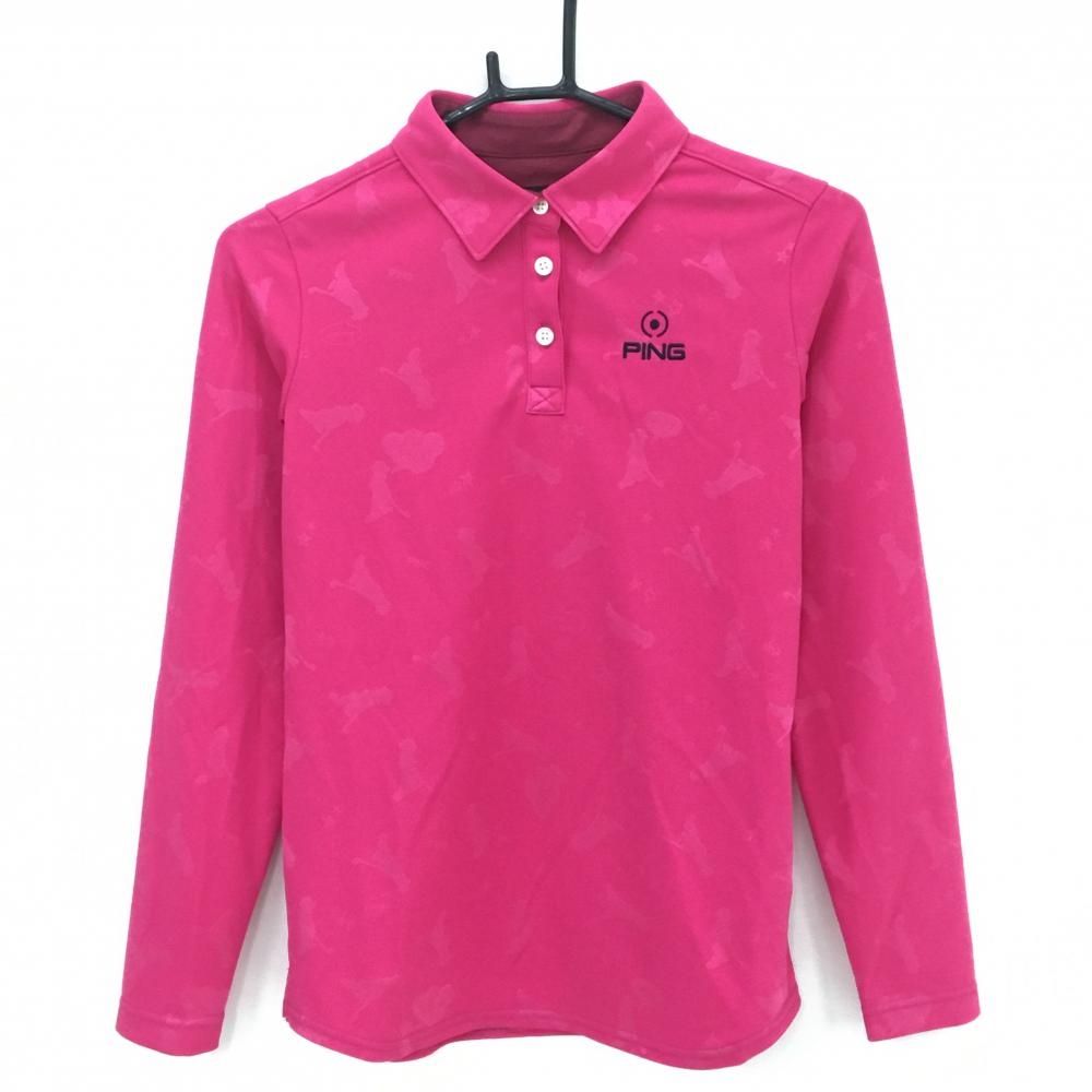 超美品】ピン 長袖ポロシャツ ピンク 総柄地模様 胸ロゴ レディース S 超美品】ピン 長袖ポロシャツ ピンク 総柄地模様 胸ロゴ レディース S