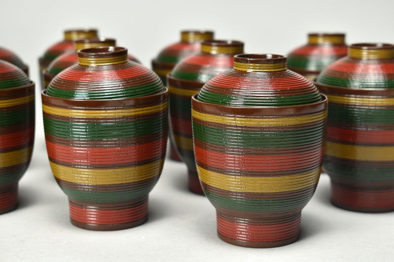 蔵A5793 塗師 一瓢斎 糸目独楽塗 小吸物椀 十客 共箱