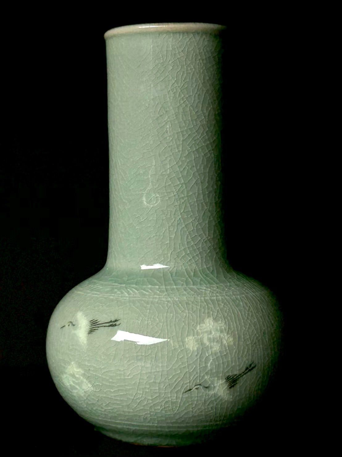 幽玄】韓国人間国宝 柳海剛 高麗 青磁象嵌雲鶴文 花瓶 - メルカリ