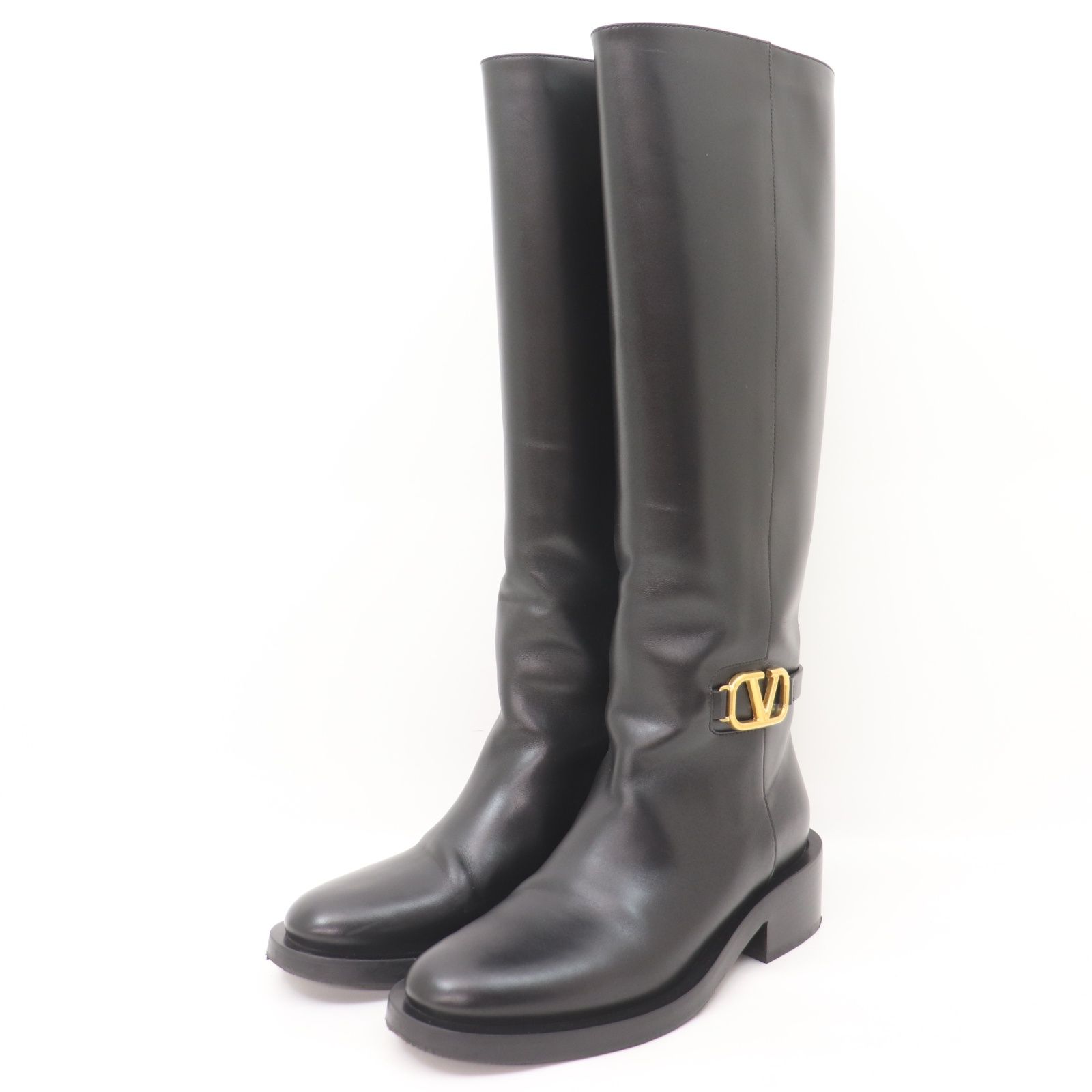 ヴァレンティノ ガラヴァーニ Vロゴ ゴールド レザー ブラック ロングブーツ レディース サイズ35 シンプル